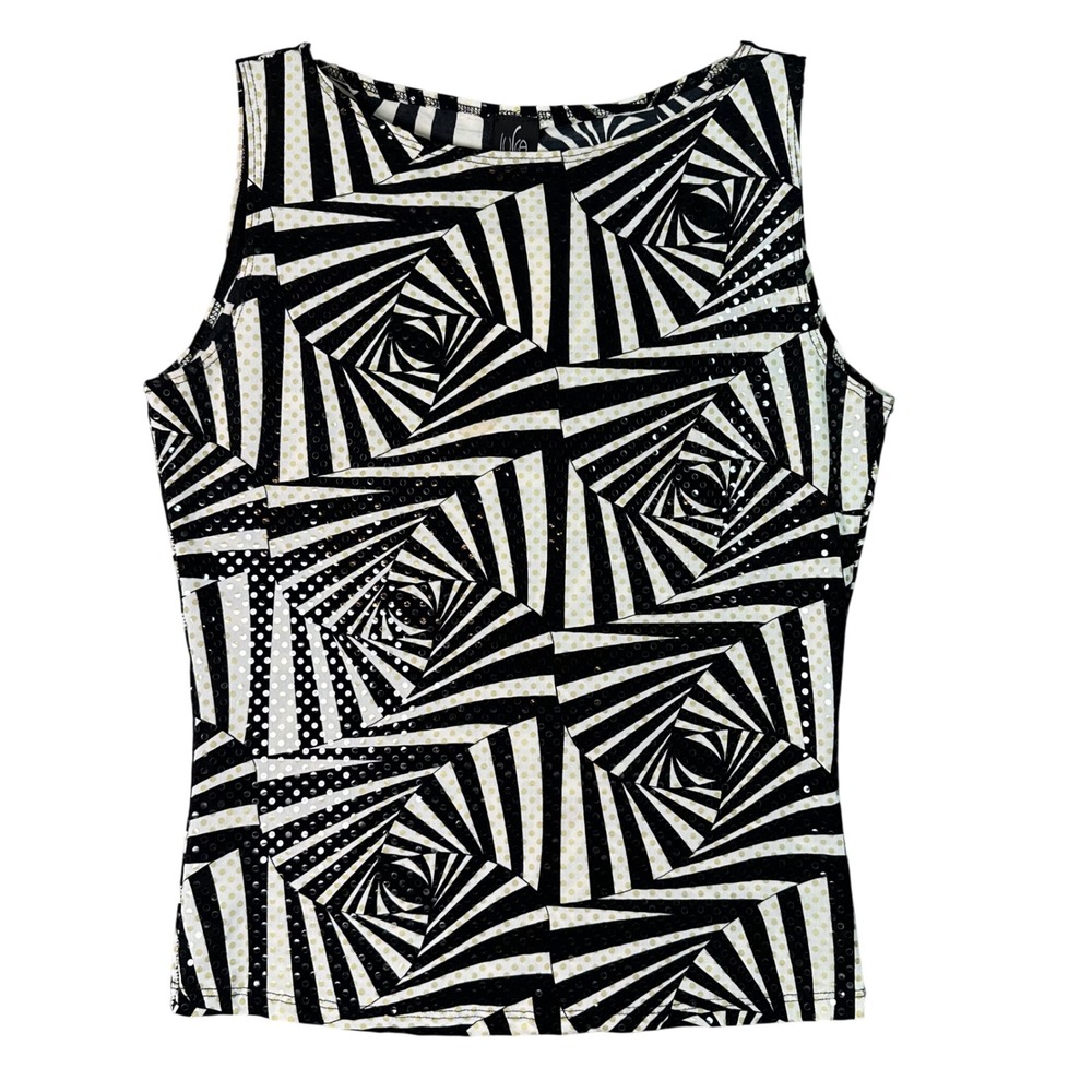 Lula Sleeveless Sequin Geometric Spiral Top Y2K Retro Mod Size Large Black White